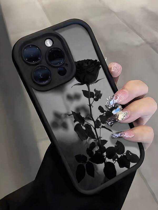 1 pieza Funda de teléfono a prueba de golpes de TPU con patrón de rosa negra, compatible con Apple 16, 15, 14, 13, 12, 11 Pro Max