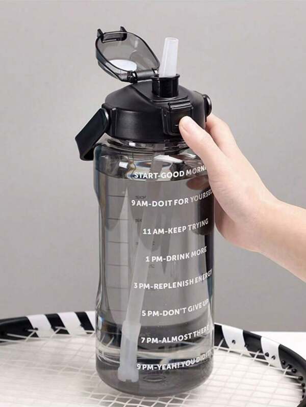 1 pièce Bouteille d'eau en PC noir d'une capacité de 750/2000 ml, tasse portable avec paille pour sports et fitness, convenant pour la maison et les déplacements extérieurs