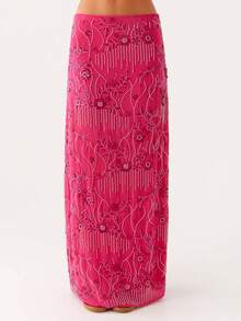 Women Summer Skirt Casual Elegant Sequin Floral Embroidery Long Skirt For Beach Vacation Club Streetwear - 玫紅色 - 查看 1