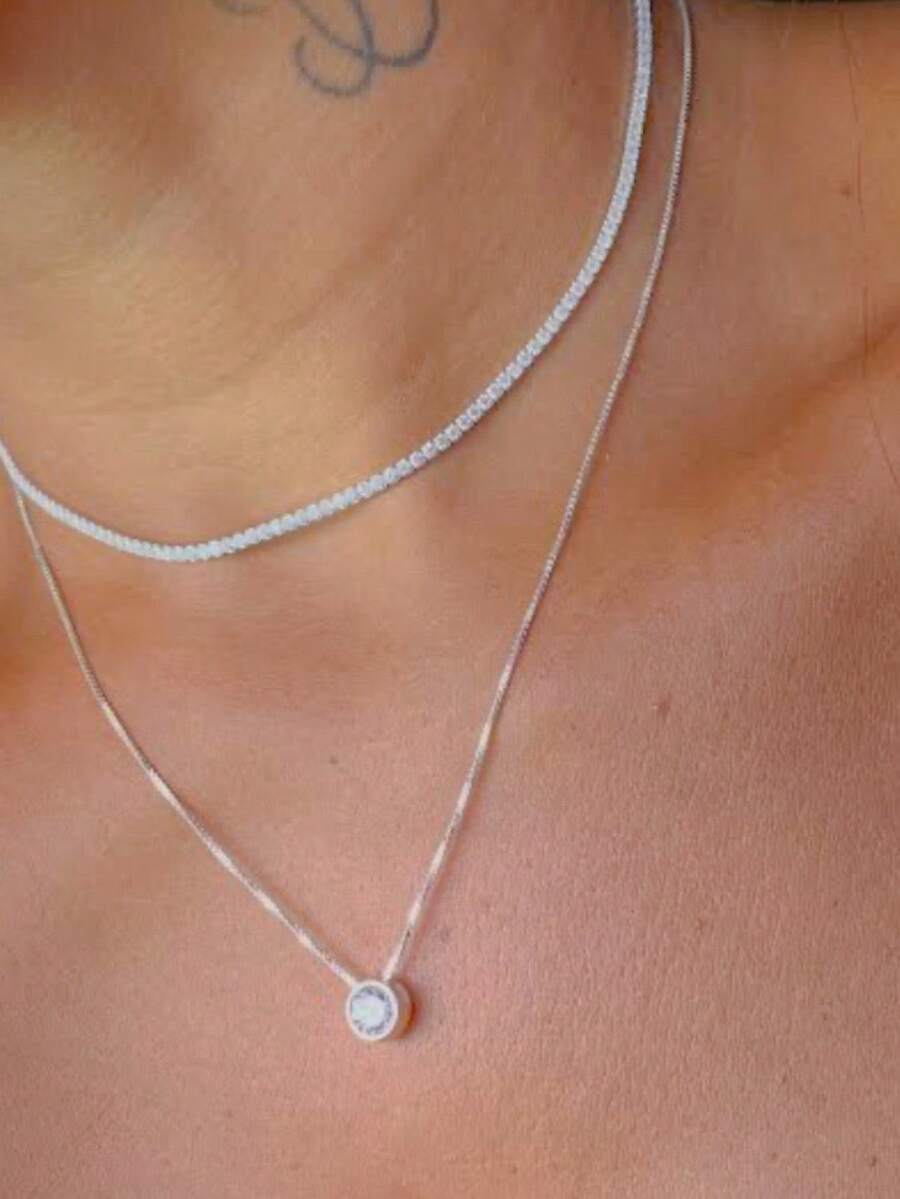 KIT 2 Choker Riviera Crystal + Necklace With Point Of Light In 925 Silver Plated 18k Gold - Bạc - Xem 1