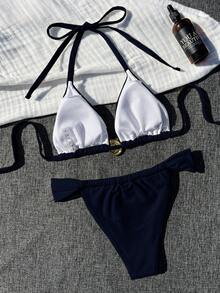 Women's Metallic Conch Halter Bikini Set. Crafted From High-Stretch, Skin-Friendly Fabric For Comfort And Breathability. The Halter Triangle Cups Flatter Your Neck And Shoulder Lines, And The Metallic Conch Buckles Are Delicate And Eye-Catching. The Thin-Strap Triangle Bottom Flatters Your Figure. Ideal For Vacations And Beach Outings, A Top Choice For Creating A Luxurious Resort-Style Look. - Navy - View 4