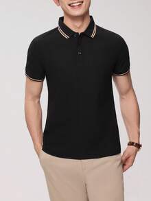 Summer Casual Solid Color Short Sleeve Polo Shirt, Unisex Business Style - Black - View 2