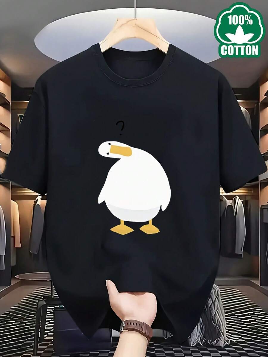 new men's casual style short sleeve T-shirt summer high quality breathable round neck machine washable printed top in black White Duck With Question Mark Suitable for sports and daily casual wear - Negro - Ver 1