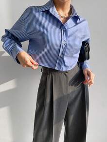 Blusas de mujer Camisa corta de rayas con abertura lateral y un solo pecho - Azul - Ver 5