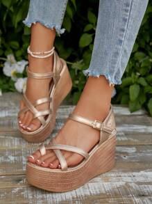 Sandalias de vestir de plataforma y cuña impermeables con diseño de tira tejida, nuevas para primavera/verano 2025, tacón grueso de moda para vacaciones en la playa