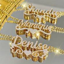 Personalisierte zweischichtige glänzende Namenskette - Edelstahl 3D-herzförmiger Anhänger mit Strass, personalisierter matter Buchstaben Schmuck Geschenk für sie, Mutter, Jahrestag, Muttertag, Hochzeitsaccessoires | Vergoldete Kette