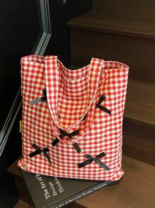 Large Capacity Plaid Bow Decor Handbag & Shoulder Bag For Women, Students School Tote Bag, Commute & Travel Diaper Bag
