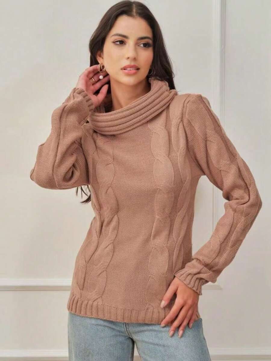 Women's Knitted Blouse High Neck With Front Brace Winter Elegant--- - 米色 - 查看 1