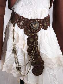 1 件女式复古棕色西式金属心形拼接腰带，Y2K Baddie 复古美学皮革腰带配蝴蝶链情人节情人节夏季、学校秋季、秋季、万圣节