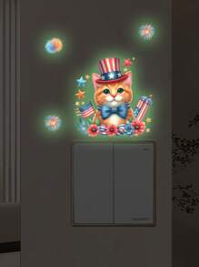 Set de 2 calcomanías de pared con diseño de gato que brillan en la oscuridad para el Día de la Independencia, pegatinas de pared de decoración de habitación