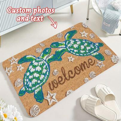 1 pieza Felpudo de bienvenida con texto personalizado de tortuga marina, con dos tortugas marinas degradadas en verde y azul adornadas con conchas y estrellas de mar. La textura natural de fibra de coco crea una atmósfera marina, adecuada para casas de playa, porches, baños o decoraciones de verano. Se recomienda como un regalo práctico para el día de la inauguración de la casa, cumpleaños o el Día de la Madre.