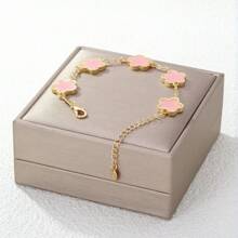 1pc Colorful Shell Inlaid Clover Charm Flower Chain Bracelet, Fashionable & Elegant For Women & Girls