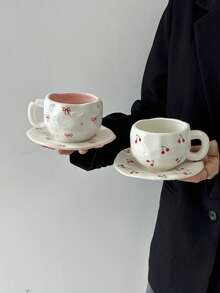 1set Handmade Asymmetrical Ceramic Cup & Saucer Set, Japanese Retro High-Quality Thickened Coffee Mug, Afternoon Tea Latte Cup & Saucer Set, Office Gift, Birthday Gift, Holiday Gift, Gift For Friends - Multicolor - View 4