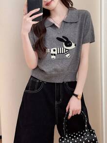 Rikumo Women's Funny Animal Print Turndown Collar Short Sleeve T-Shirt, Summer