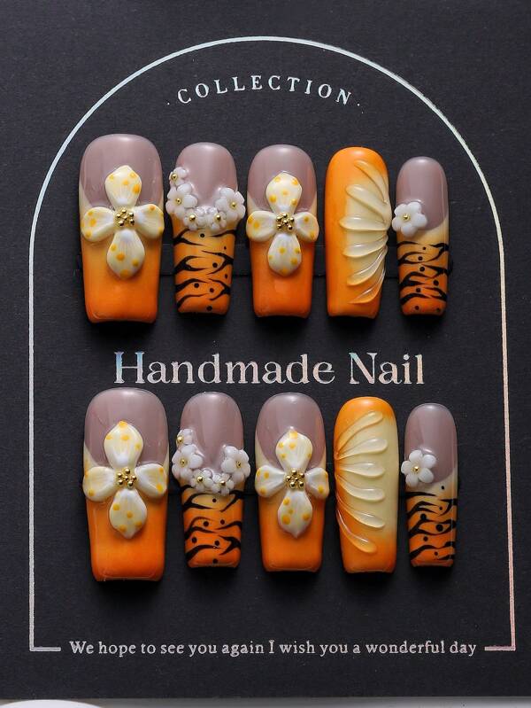 10pcs/Pack European Style Detailed Faux Nail Tips, Orange-Yellow Hand-Painted Tie Dye Gradient 3D Embossed Floral Design, Luxury Handmade Wearable Nails, Suitable For Ladies & Girls, Fits Girly, Hot Girl, Ins & Y2K Styles
