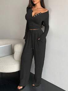 2pcs Set Women Long Sleeve Solid Color Top & Long Pants 2 Pieces Cozy Outfit, Spring Summer Autumn Winter, Fall Clothes - Black - View 1