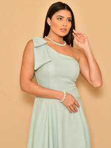 Helena Long Dress Luxury Plain Duna Linen With Bow One Shoulder - Màu xanh Bạc hà - Xem 5