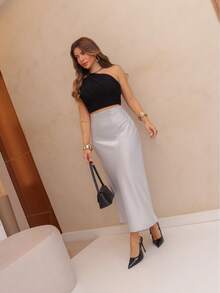 YING ZI Elegant Mode Long Formal Skirt - Grey - View 5