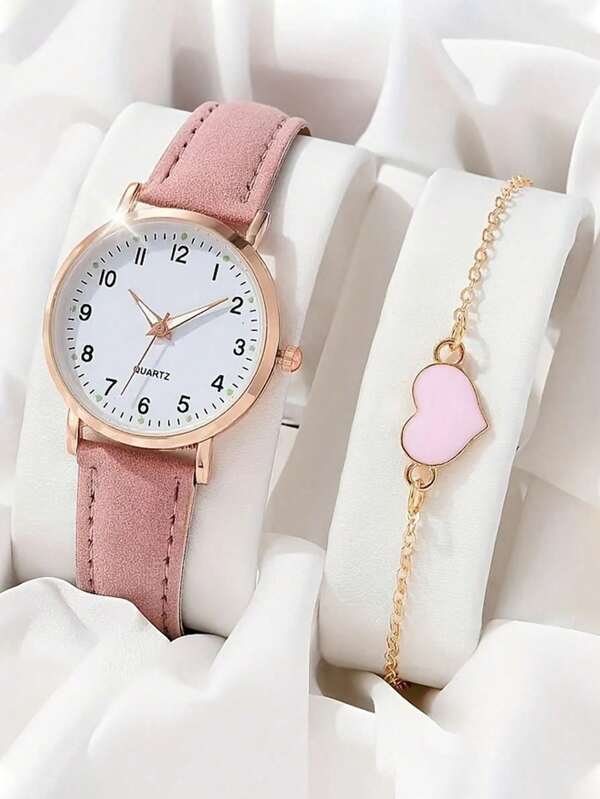 2 Stück/Set vielseitige Mode Teenager minimalistische Digital Quarz Uhr & Armband Set in Herzform, geeignet für die Abschlusszeit, Geschenk für Teenager