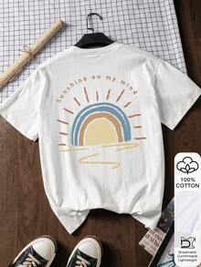 Áo thun nữ mùa hè dáng rộng, in hình "Sunshine On My Mind", 100% cotton, tay ngắn, màu trắng, thích hợp mặc đi học, ý tưởng phối đồ đi học, đồ dùng cần thiết cho năm học mới, trang phục ngày đầu tiên đi học, trang phục đi học năm 2026 thường ngày. - trắng - Xem 2