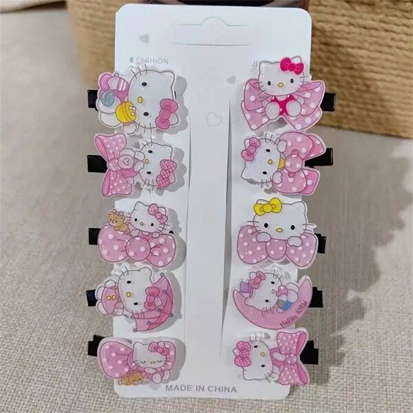 Sanrio 10 Pcs Sanrio Heltty Hairpin Combination - Bright Pink Acrylic Cartoon Pattern, Fashionable Gifts Suitable For Daily Wear Back To School