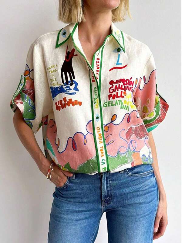 Camiseta de lino para mujer con estampado único de grafiti, diseño de botones múltiples de un solo aliento