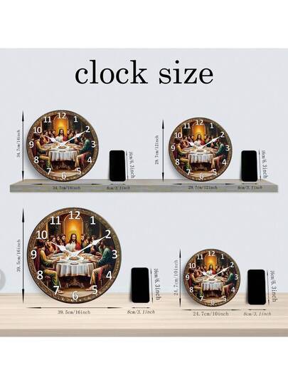 [10 16 Inch Silent Wooden Clock] Lively 10 Wand Klok "The Last Supper" Quiet Operation, Living Room, Bedroom, Kitchen, Office Ideal Baptism Featured The Supper Illustration, Large Size Room Bedroom Dormitory Back To School Surprise Home Supplies view 4