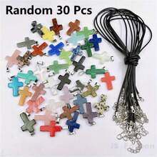 10/20/30/50 Pcs Mixed Natural Stone Cross Pendants - Quartz Gemstone Jewelry For DIY Necklace, Bracelet And Earrings Making, With Black Cord Set