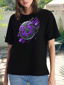 Camiseta gráfica de baloncesto negra para mujer, cuello redondo, manga corta, para aficionados al deporte, uso informal - Negro - Ver 2