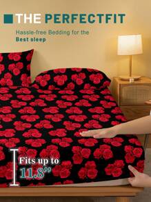 1pc Minimalist Modern Floral Three Lifetimes Botanical Print Brushed Fitted Sheet, Bedroom Printed Bed Cover, Mattress Protector, Bedding Set (Excluding Pillowcase)