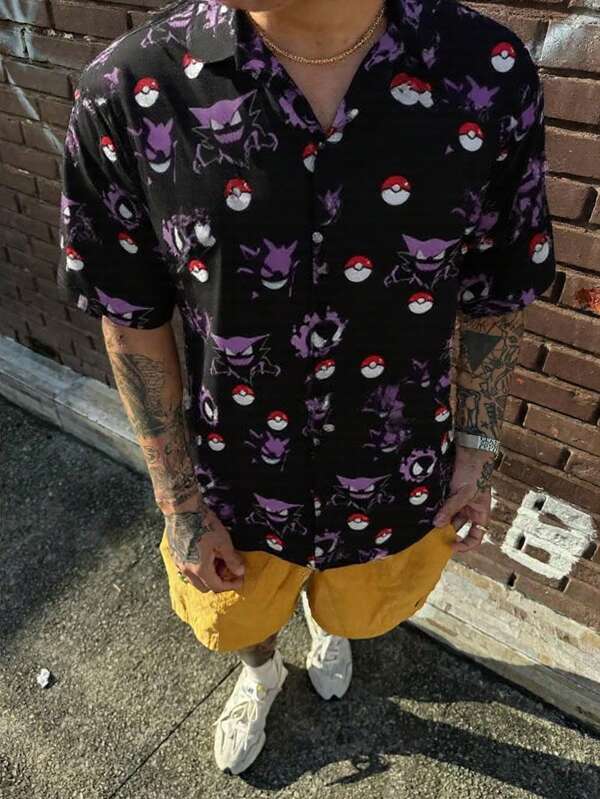 pokemon Men's Casual Cartoon Print Shirt, Summer