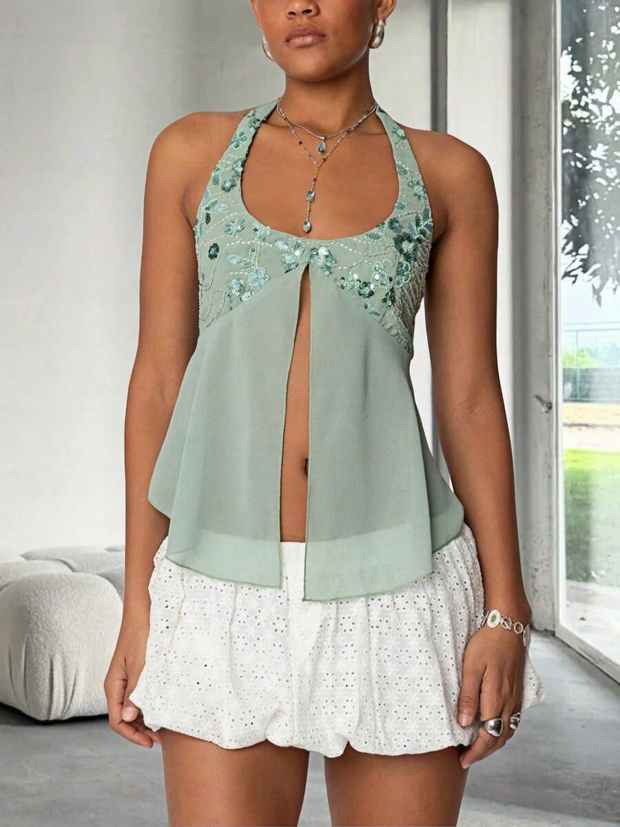 Women Sequin Beaded Mesh Patchwork Halter Top Y2K Sparkly Sleeveless Deep Low Cut Split Sheer Cami Tank Tops Glitter Rhinestone Backless Camisole Crop Tops Summer Slim Fit Vests Shirts Going Out Tops Club Party Beach Streetwear - màu xanh lá - Xem 1