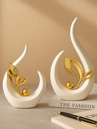 1/2pcs Gold & White Seed-Inspired Sculpture Set, Modern Crescent Abstract Figurines For Shelf Decor, Graduation Gift, Housewarming Art Decoration, Minimalist Growth Symbol Home Accents