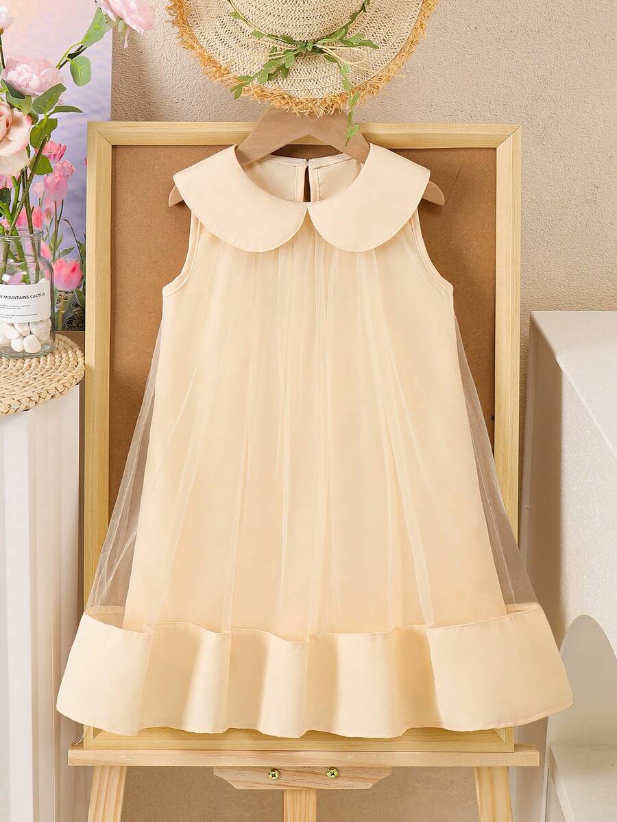 女婴甜美网眼薄纱公主裙，有领，无袖，礼服 - 杏色 - 查看 1