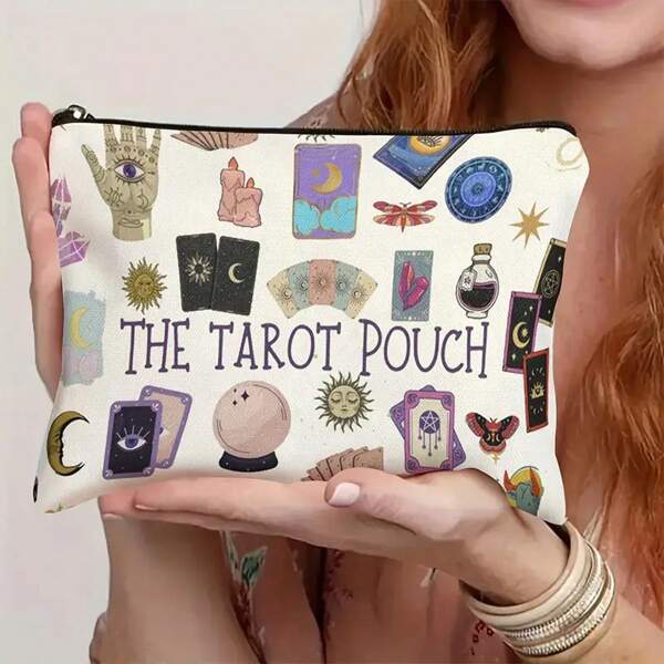 Mystical Tarot Pouch With T-Bottom Design - White Occult Gift Bag Featuring Vibrant Tarot Card Art, Astrological Symbols & Durable Fabric For Tarot Cards, Jewelry Storage - Unisex Adult Accessory, Sturdy Zipper Closure