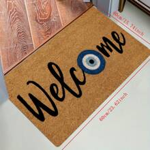 1 Stück Willkommens-Fußmatte mit Wunschtext, mit Faserbasis kombiniert mit schwarzen handgeschriebenen Buchstaben und einem blauen Nazar-Amulett, das Glück und Schutz symbolisiert. Geeignet zur Dekoration von Eingangsbereichen, Terrassen, Büros und empfohlen als Geschenk zu Einweihungen, Geburtstagen und Weihnachten.