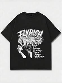 "Flyrich" Money - Motifs Lettering T - Shirt,Casual Print,Comfortable And Versatile,Letter Pattern Pure Cotton 220g Printed T-Shirt,Unisex Style - 黑色 - 查看 1