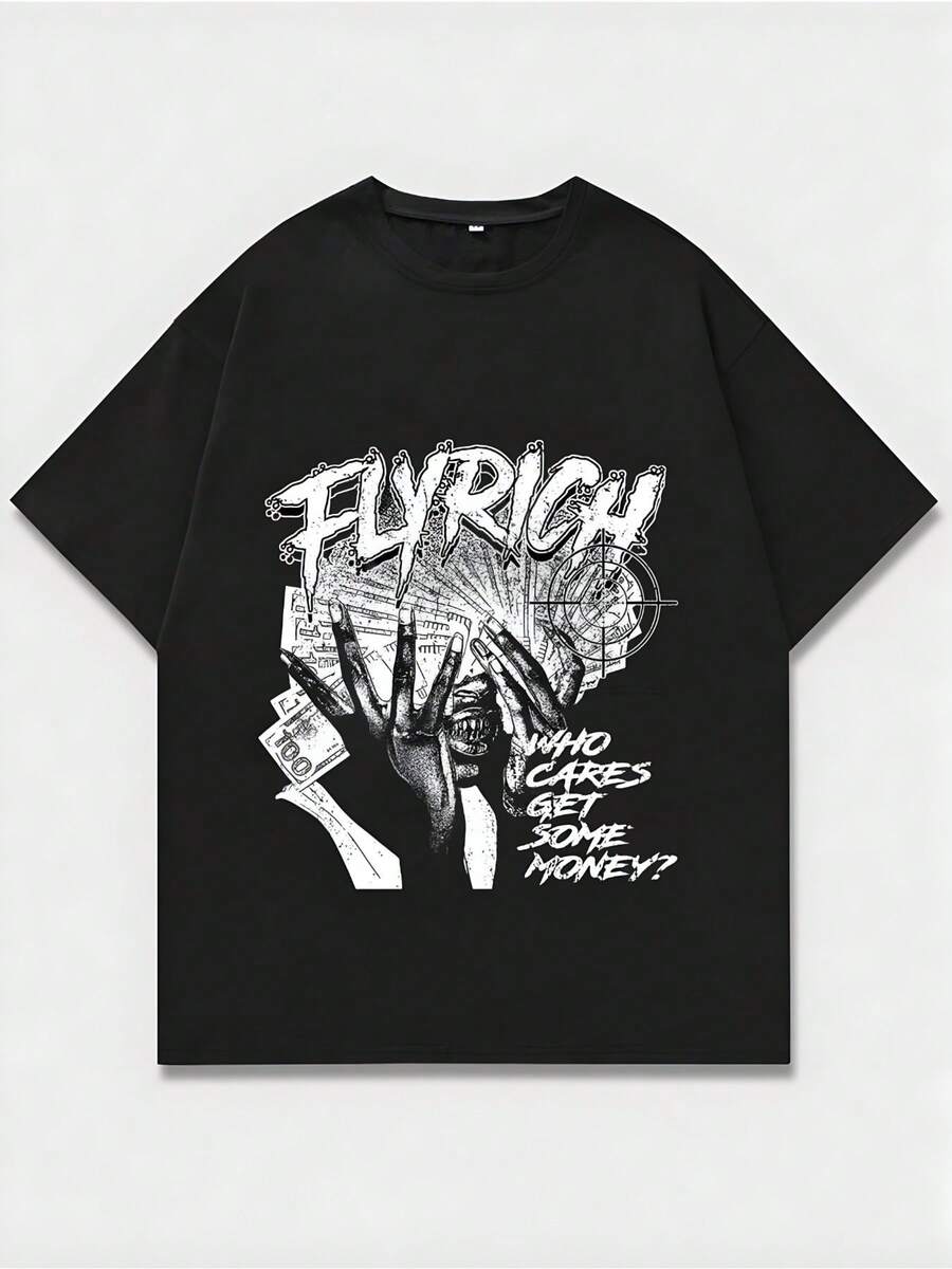 "Flyrich" Money - Motifs Lettering T - Shirt,Casual Print,Comfortable And Versatile,Letter Pattern Pure Cotton 220g Printed T-Shirt,Unisex Style - 黑色 - 查看 1