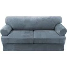 Sofa Cover 3 Piece T Cushion Loveseat Slipcovers Thick Velvet Couch Cover Stretch T Cushion Sofa Covers For 2 Cushion Couch With 2 Individual T Cushion Covers Washable, Stone Blue - Stone Blue - 查看 9