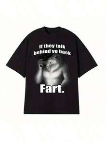 If They Talk Behind Yo Back Fart Wolf Literally Me Funny Meme Emo T-Shirt Men's Clothing Harajuku Retro Oversized Cotton T ShirtUnique Patterned Casual T-Shirt With A Soft Texture Graphic Print Short SleevesFunny Shirt 100% Cotton Material, Comfortable Everyday T-Shirt - 黑色 - 查看 1