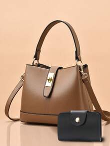 Juego de bolsos que incluye una mini bolsa de tote, una bolsa de cubo de color block de moda y una bolsa de hombro - Caqui - Ver 4