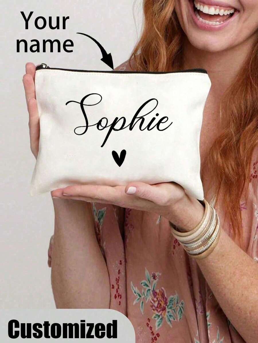 Bolsa de maquillaje personalizada con estampado de corazón, neceser de viaje con nombre personalizado, organizador de cosméticos sin olor, unisex adulto, beige, impresión de posicionamiento - Beis - Ver 1