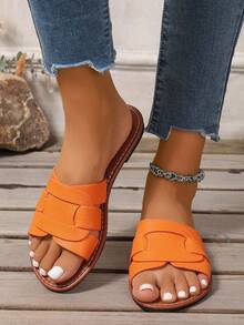 Korean Style Casual Flat Sandals For Women, Slip-On Open Toe Woven Roman Sandals, Fashionable Summer Beach Slippers To Pair With Dress, Suitable For Spring Autumn - Orange - View 3