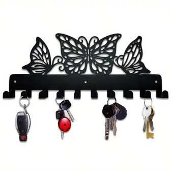 1pc 30cm X 12.8cm Fashionable Black Butterfly Metal Key Holder - 10 Hooks Wall Mounted Storage Rack, Suitable For Towels, Bags, Clothes | Stylish Kitchen Decor, Room Decor, Home Decor, Party Decoration
