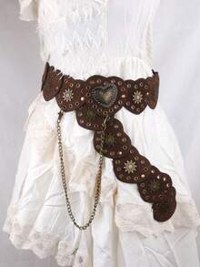 1 件女式复古棕色西式金属心形拼接腰带，Y2K Baddie 复古美学皮革腰带配蝴蝶链情人节情人节夏季、学校秋季、秋季、万圣节