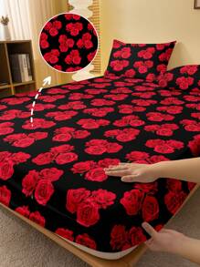 1pc Minimalist Modern Floral Three Lifetimes Botanical Print Brushed Fitted Sheet, Bedroom Printed Bed Cover, Mattress Protector, Bedding Set (Excluding Pillowcase)