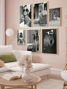 1 pièce Affiche murale mode, décoration murale de salle de bain, impression noir et blanc avec paillettes roses, tableau canevas, photos, œuvre murale de salle de bain moderne, humoristique pour femmes, sans cadre