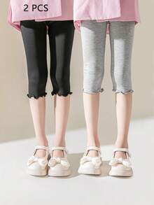 3/2/1 双装女童/儿童薄款短袜，荷叶边及膝打底裤，粉色/灰色/黑色纯色，休闲，柔软舒适，适合日常穿着、上学、春夏穿着 - 彩色 - 查看 18