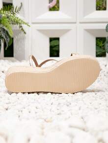 Women's Rope Woven Wedge High Heel Sandals, Casual Vacation Style Platform Canvas Sole Ankle Strap Sandals, Spring/Summer - Gold - View 7