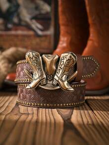 1件男士波西米亚西部牛仔风靴子，压花金属扣复古多色PU皮带，夏季、秋季、万圣节秋冬配饰，适合青少年、青年、男士，休闲、户外、运动、度假、毕业礼物、生日、日常穿着 - 如圖 - 查看 12